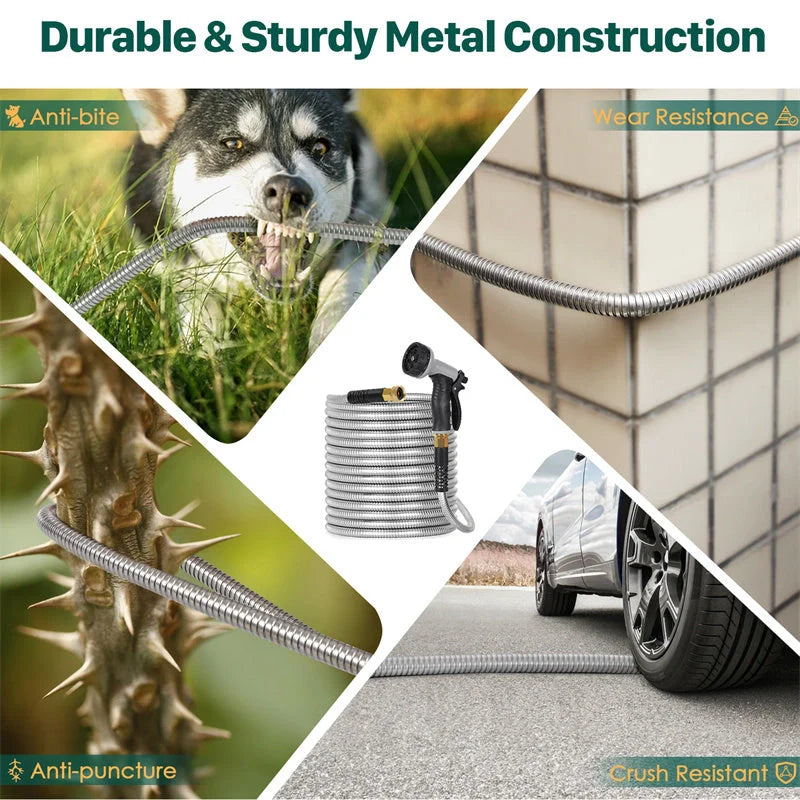 Stainless steel metal garden hose with adjustable spray nozzle, durable and kink-free for easy gardening