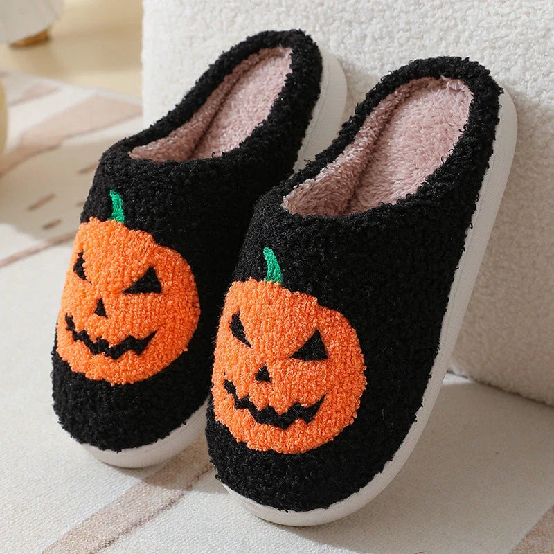 Cozy pumpkin-themed slippers with plush suede upper and non-slip rubber sole for indoor comfort