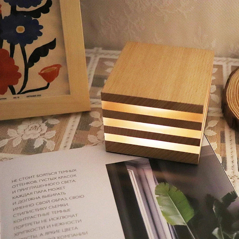 Cozy wooden LED night light with a warm, soothing glow in a Nordic-inspired design