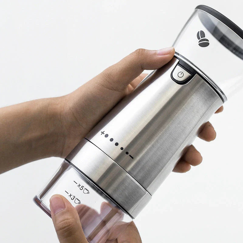 Premium stainless steel electric coffee grinder with adjustable grind settings, USB charging, and sleek modern design