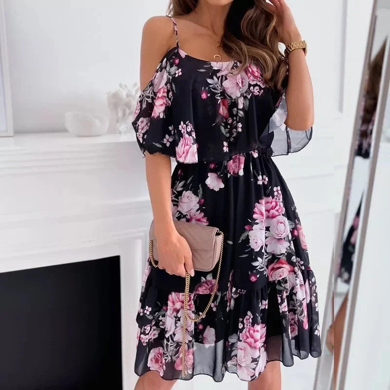 Flower printed ruffled suspender dress for women in summer