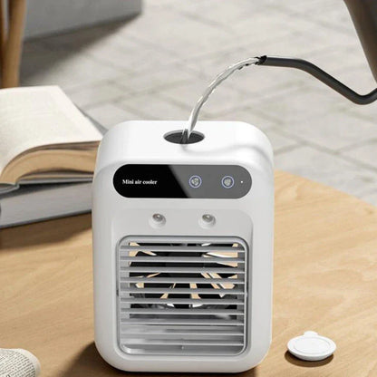 Portable USB-powered air cooler with humidifying function, ideal for home, office, and car use