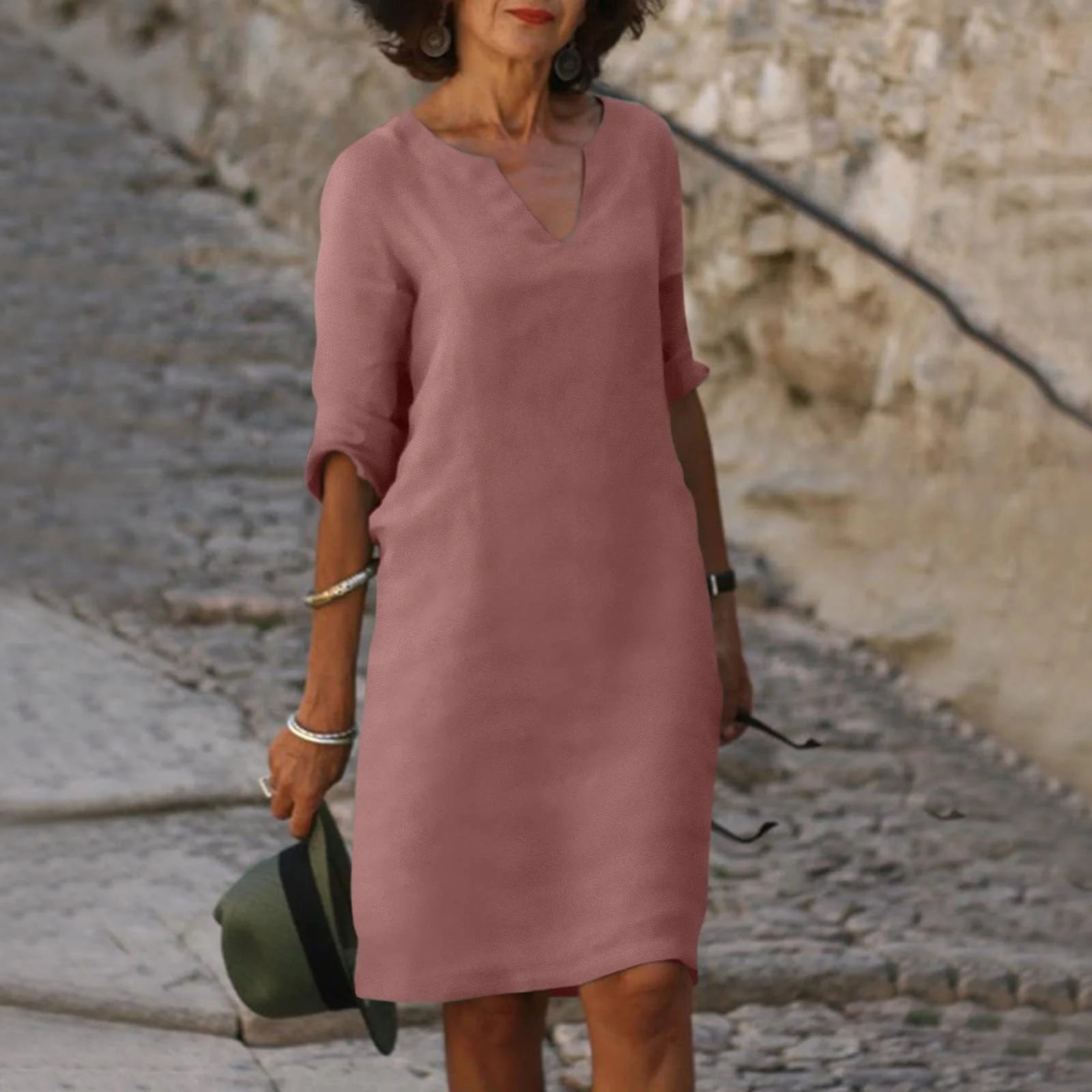 Retro high waist cotton-linen V-neck dress in various colours