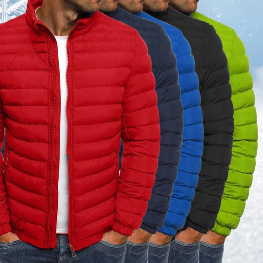 Premium men's insulated jacket in a variety of vibrant colors, featuring a durable, water-resistant outer shell and cozy polyester fiber insulation for warmth and comfort during outdoor activities.