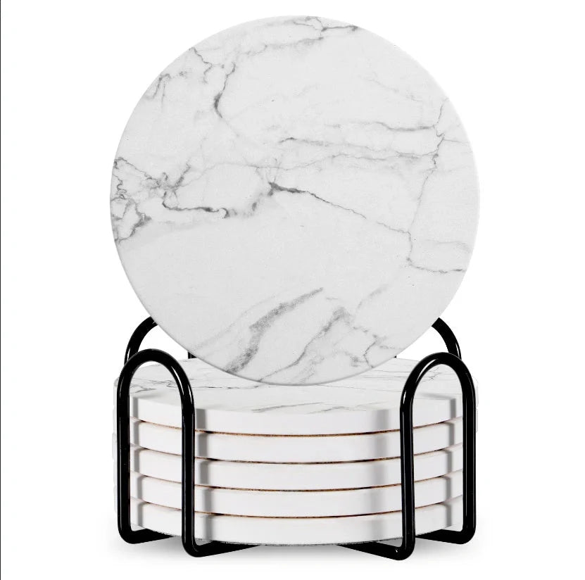 Set of 6 ceramic beverage coasters with metal stand and cork base, elegant and practical.