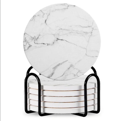 Set of 6 ceramic beverage coasters with metal stand and cork base, elegant and practical.
