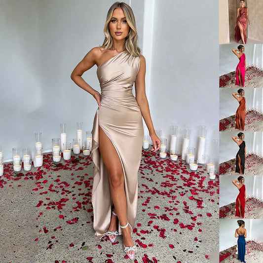 Stunning one-shoulder backless slit dress in various vibrant colors for summer elegance