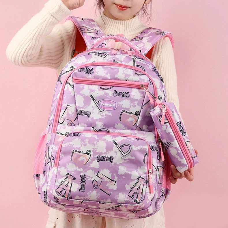Letter print backpack with pencil case for primary school students in various colours