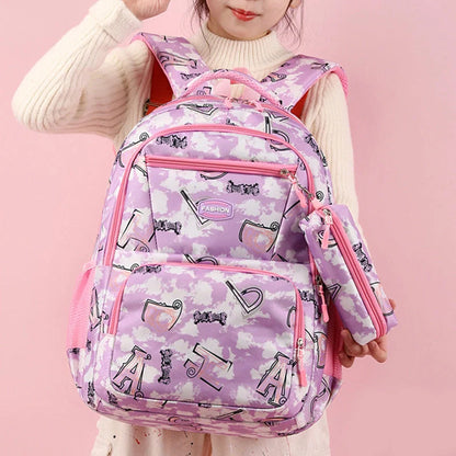 Letter print backpack with pencil case for primary school students in various colours