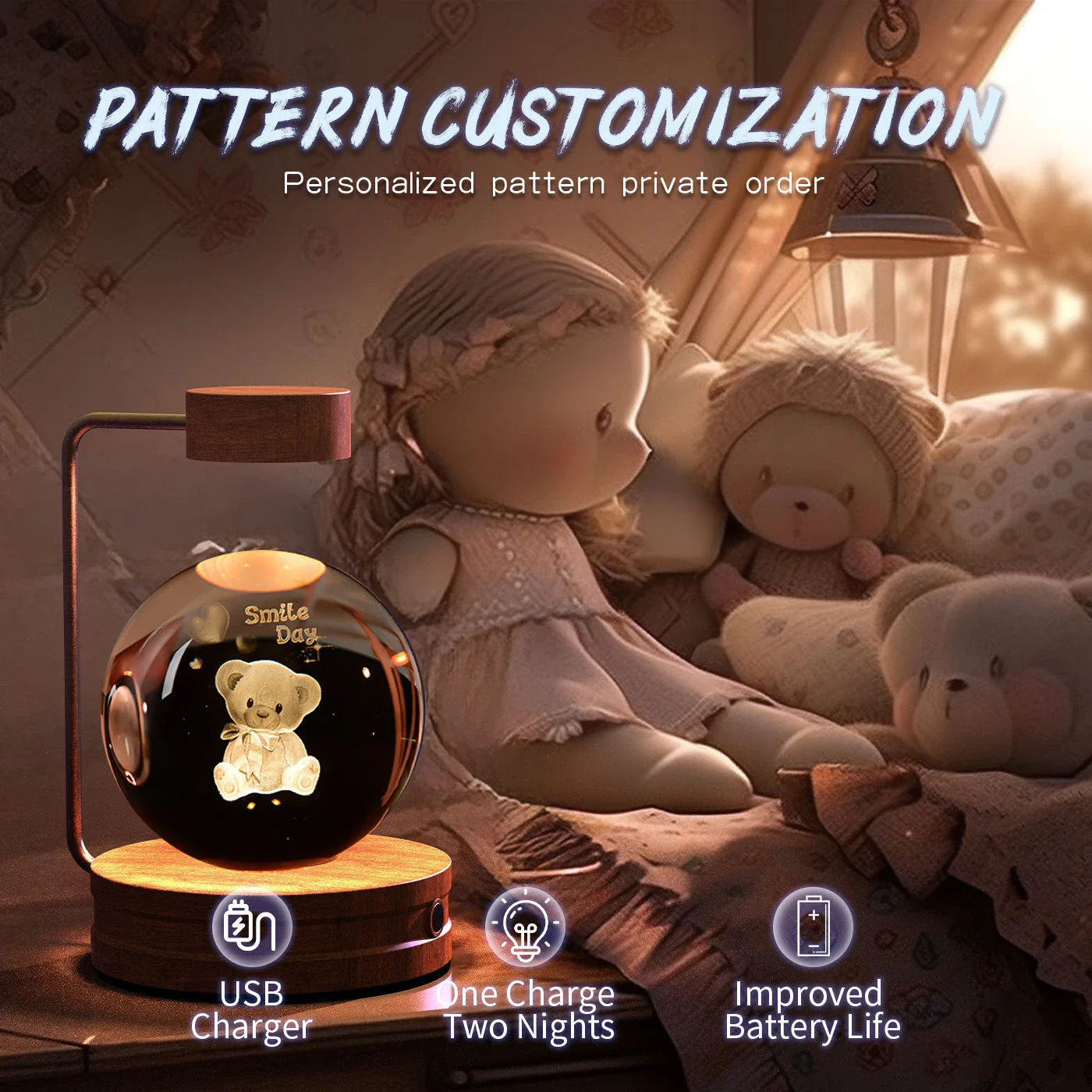 Enchanting crystal ball night light with cosmic designs, creating a warm and soothing ambiance in any room.