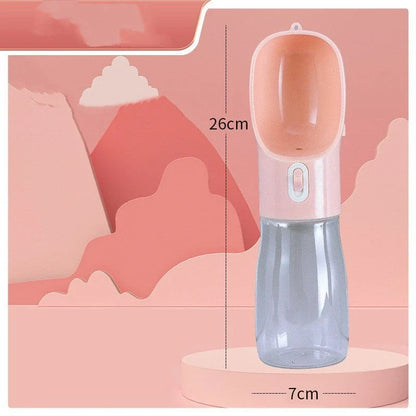 Portable pet water bottle and food bowl made of durable plastic, available in multiple colors for outdoor adventures with your furry friend.