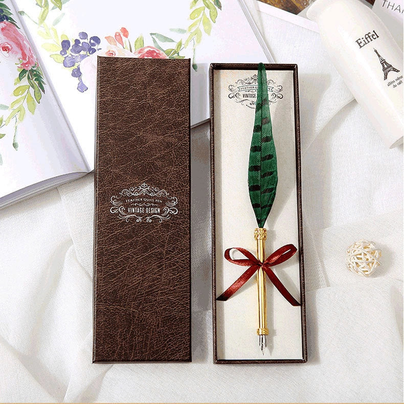 Elegant European-inspired feather pen in a luxurious gift box, showcasing its vintage-inspired design and premium stainless steel construction.