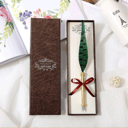 Elegant European-inspired feather pen in a luxurious gift box, showcasing its vintage-inspired design and premium stainless steel construction.
