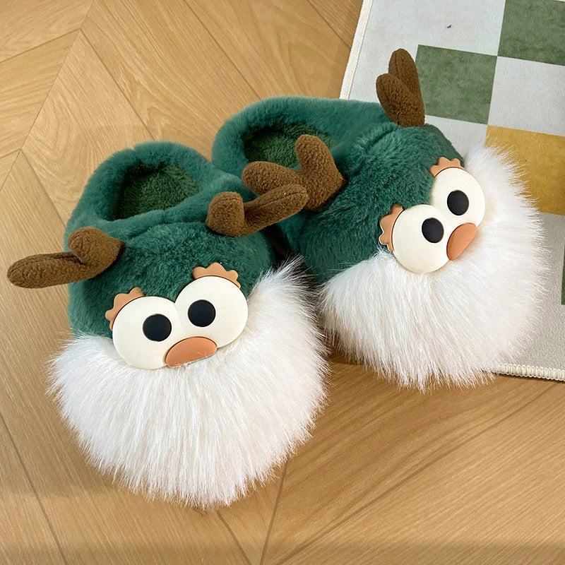 Cozy cartoon deer print slippers with plush lining and half-covered heel design for indoor comfort and warmth