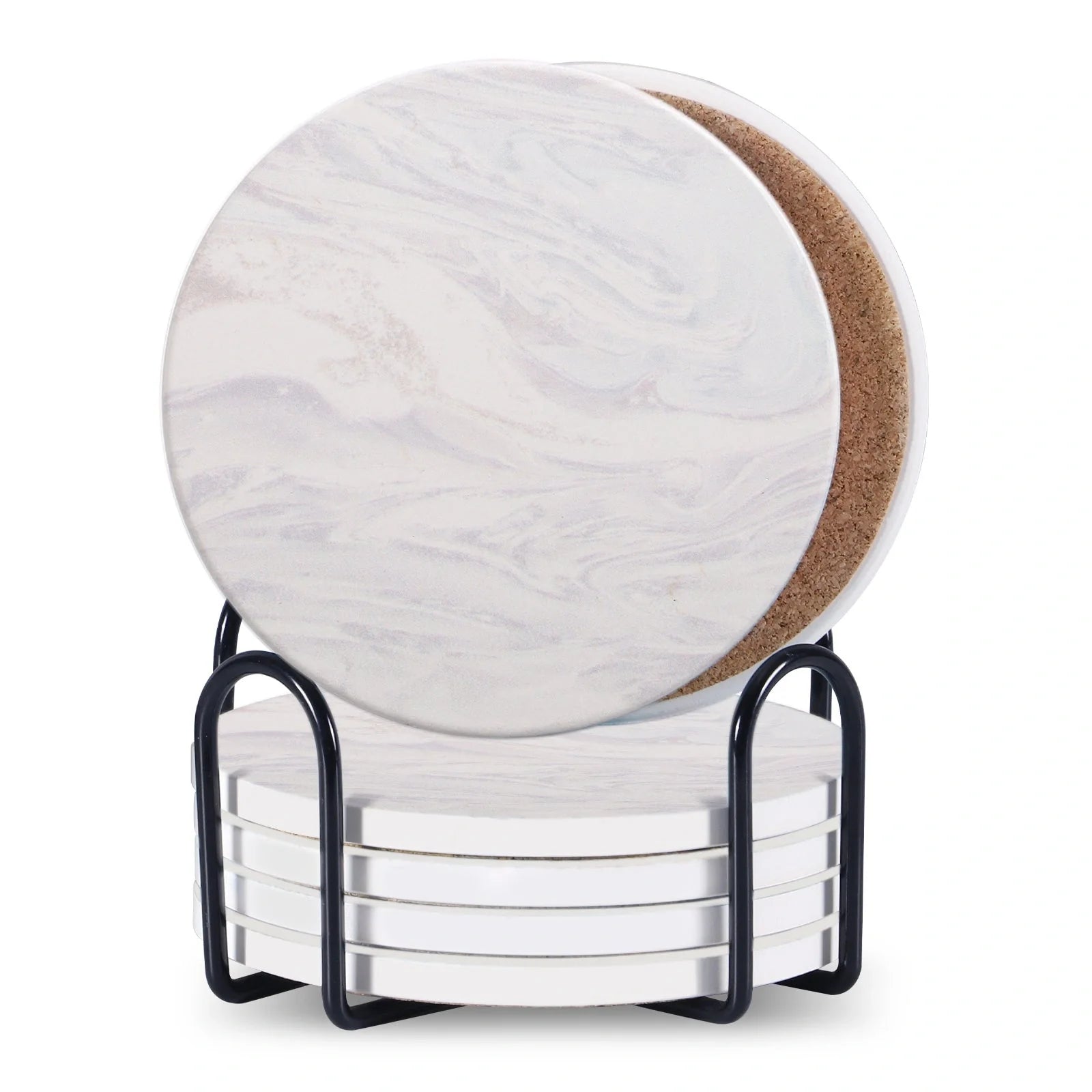 Set of 6 ceramic beverage coasters with metal stand and cork base, elegant and practical.