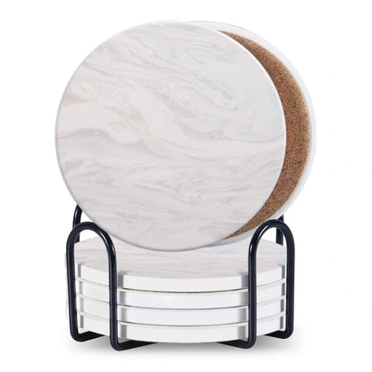 Set of 6 ceramic beverage coasters with metal stand and cork base, elegant and practical.
