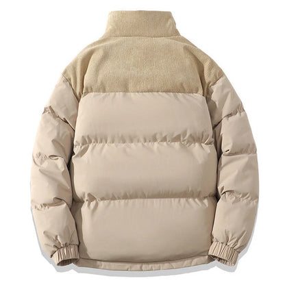 A stylish padded winter coat with contrast-coloured accents, designed for both men and women to stay warm and look fashionable.