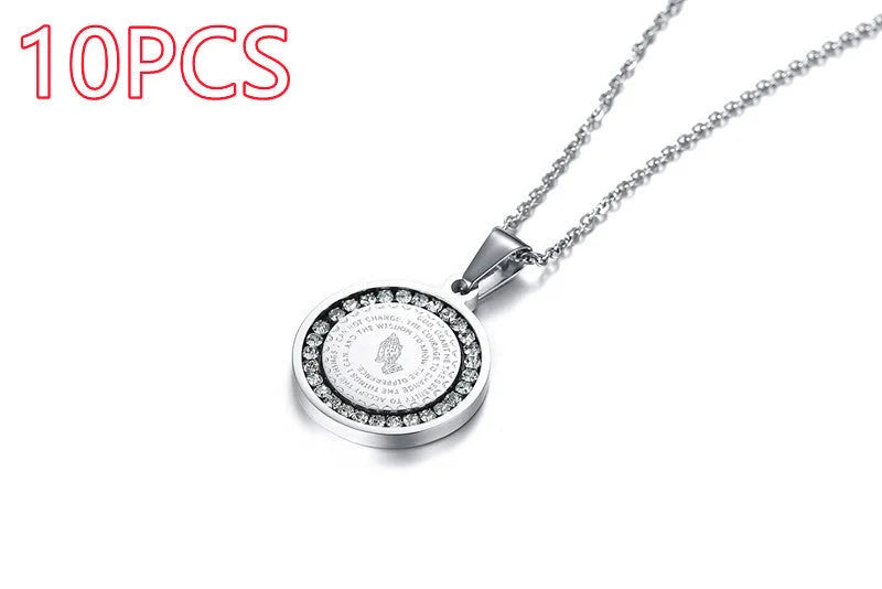 Premium stainless steel pendant with sparkling rhinestones and engraved English Scripture