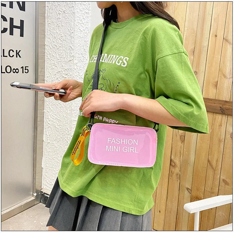 Transparent square fashion shoulder bag with adjustable strap and internal phone compartment