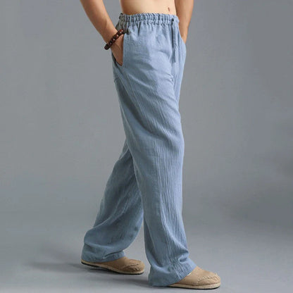 Men's breathable linen loose-fit sports pants in khaki, black, light blue, and off-white