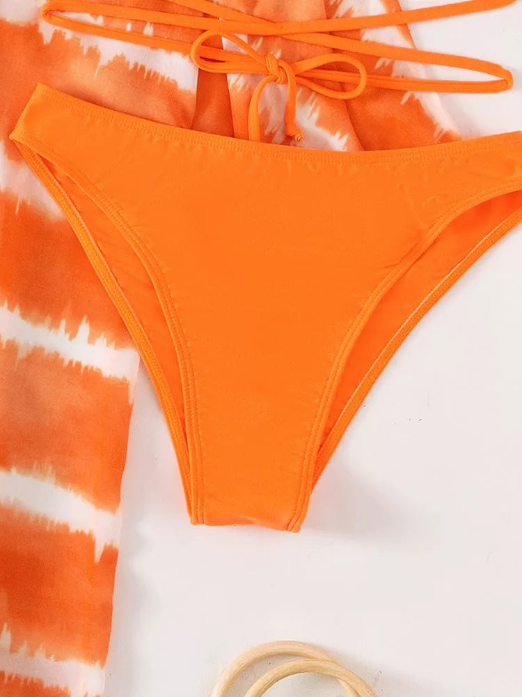Women's orange nylon chiffon three-piece swimsuit with chest cushion