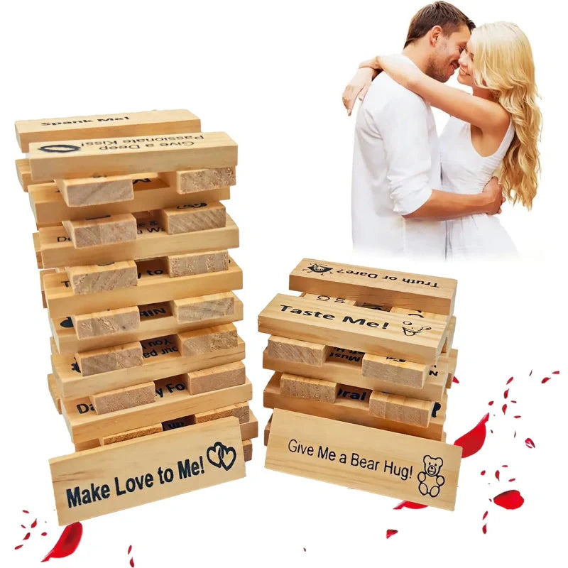 Couple's Intimacy Block Tower Game in natural wood colour, 48 pieces