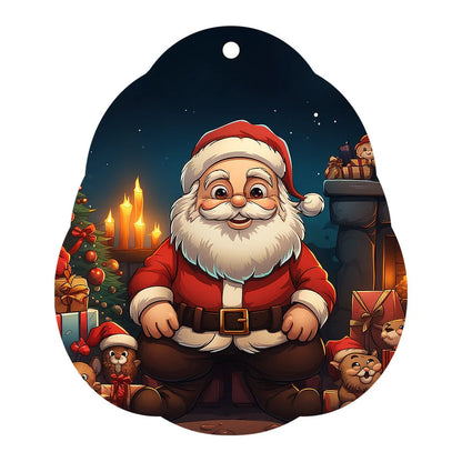 Festive car ornament hanging from rearview mirror with Christmas designs