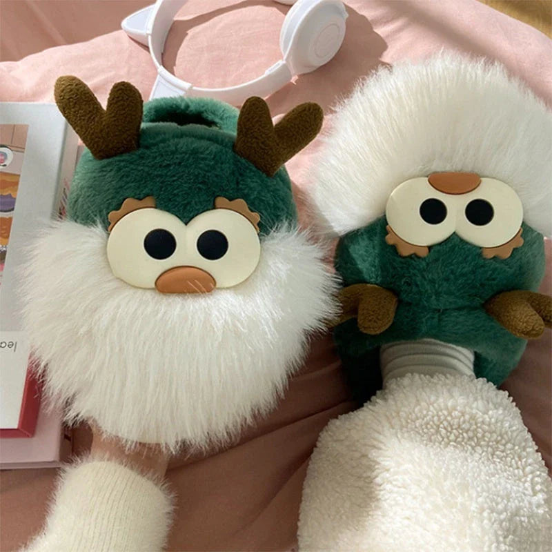 Cozy cartoon deer print slippers with plush lining and half-covered heel design for indoor comfort and warmth