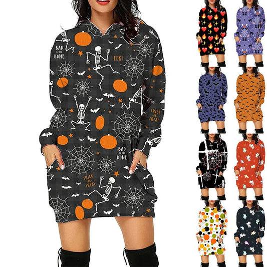 A cozy, stylish Halloween hoodie with a unique spooktacular print, roomy pockets, and soft polyester fabric