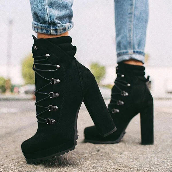 Women's round toe lace-up heeled boots in suede with 8cm high heel