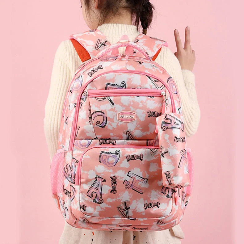 Letter print backpack with pencil case for primary school students in various colours