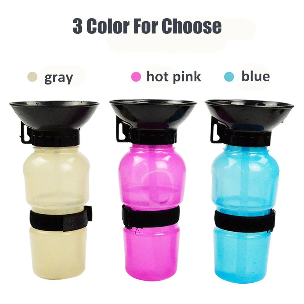 Portable pet water bottle with squeeze-feed bowl for dogs and cats