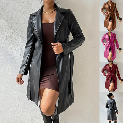 Stylish slim-fit PU leather trench coat for women in various colours, including black, brown, rose red, and wine red.