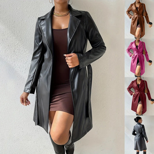 Stylish slim-fit PU leather trench coat for women in various colours, including black, brown, rose red, and wine red.
