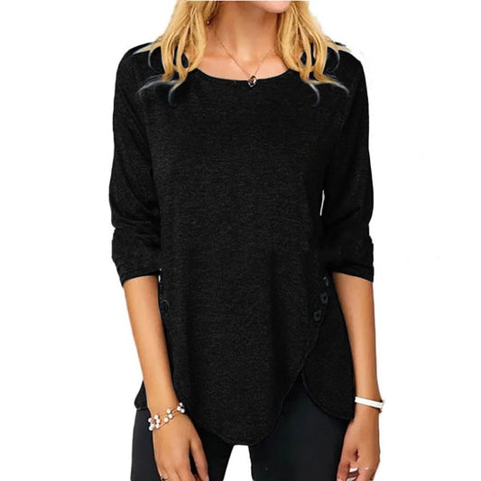 Oversized cotton t-shirt with irregular button hem in black, green, and blue colors