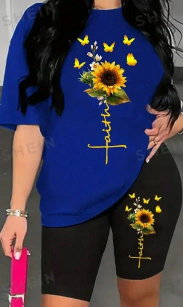 Women's sunflower printed t-shirt and shorts set for summer