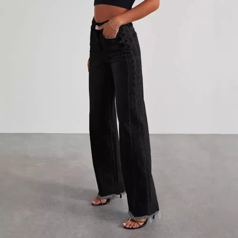 High-rise jeans with pockets, comfortable slim-fit straight leg pants for women in various colors