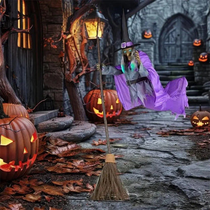 Captivating 6-foot-tall floating witch decoration with lifelike face and dramatic purple skirt, perfect for spooky Halloween displays
