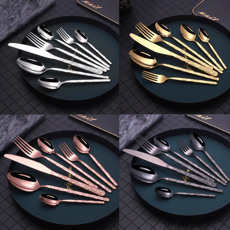 Premium steak cutlery set with embossed textured handles, made of durable stainless steel for a refined dining experience.