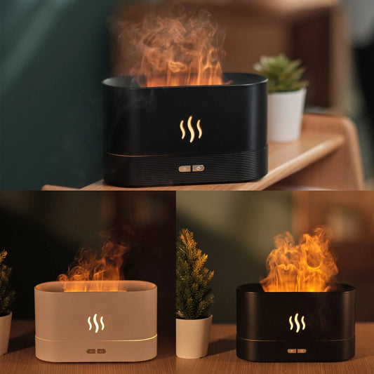 Elegant mist diffuser with realistic flame effect, designed for relaxation and aromatherapy in home, office, or yoga studio