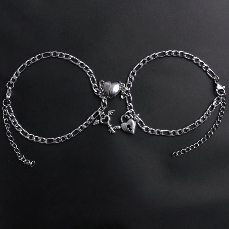 Floral heart-shaped couple bracelets with adjustable iron chains, symbolising love and friendship.