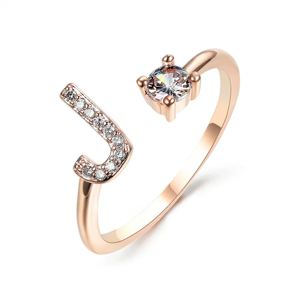 Customizable adjustable ring with 26 letters for women, featuring zircon stones and copper alloy construction
