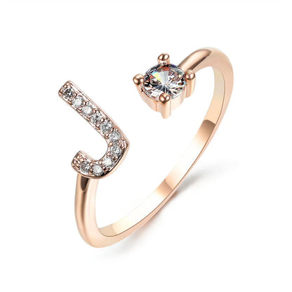 Customizable adjustable ring with 26 letters for women, featuring zircon stones and copper alloy construction