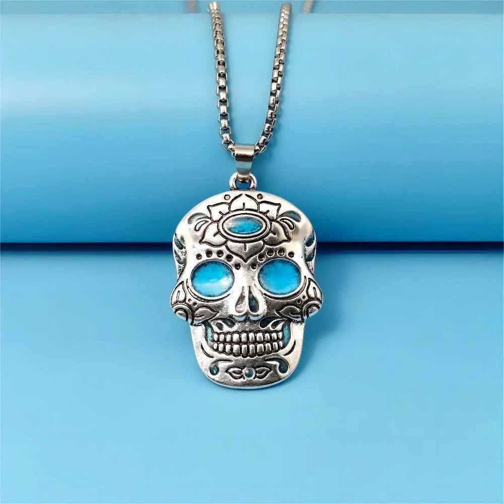 Halloween Luminous Skull Necklace with Day of the Dead Lotus Pattern