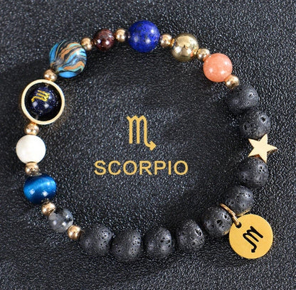 Frosted Stone Beaded Zodiac Bracelet featuring detailed zodiac signs on natural stone beads