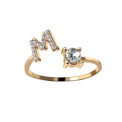 Customizable adjustable ring with 26 letters for women, featuring zircon stones and copper alloy construction
