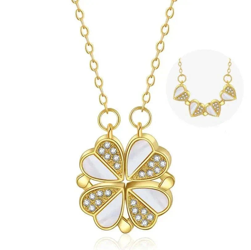Luxe four-leaf clover pendant necklace crafted with stainless steel and crystal heart charm for women