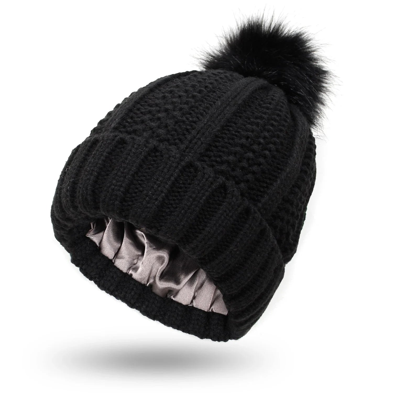 Stylish knit beanie with satin lining and faux fur pom-pom for women, available in multiple color options
