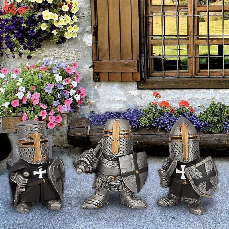 Whimsical resin dwarf knight statues in classic medieval armor and weaponry, standing guard over a garden or outdoor space