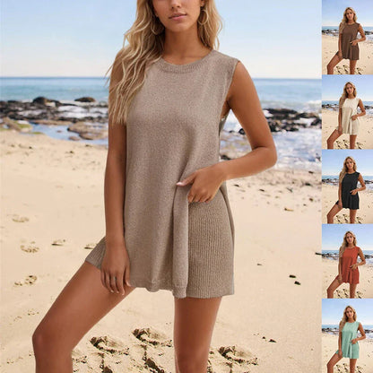 Versatile summer knit set featuring a chic split-front vest and matching shorts in a variety of vibrant colors